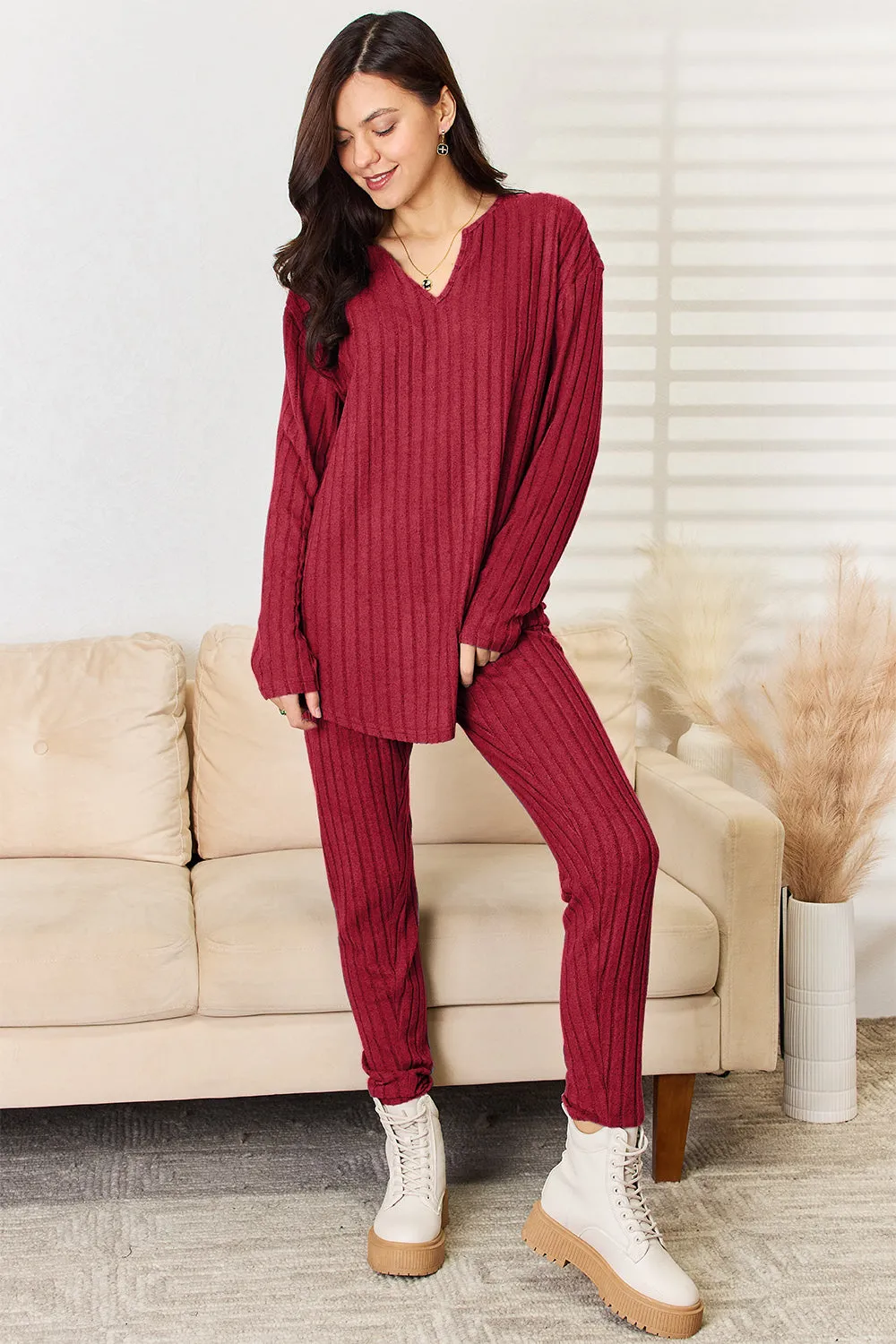 Women's Notched Long Sleeve Top & Pants Set