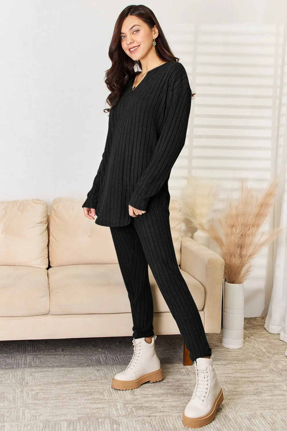 Women's Notched Long Sleeve Top & Pants Set