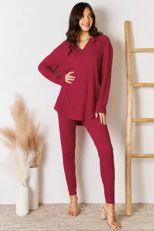 Women's Notched Long Sleeve Top & Pants Set