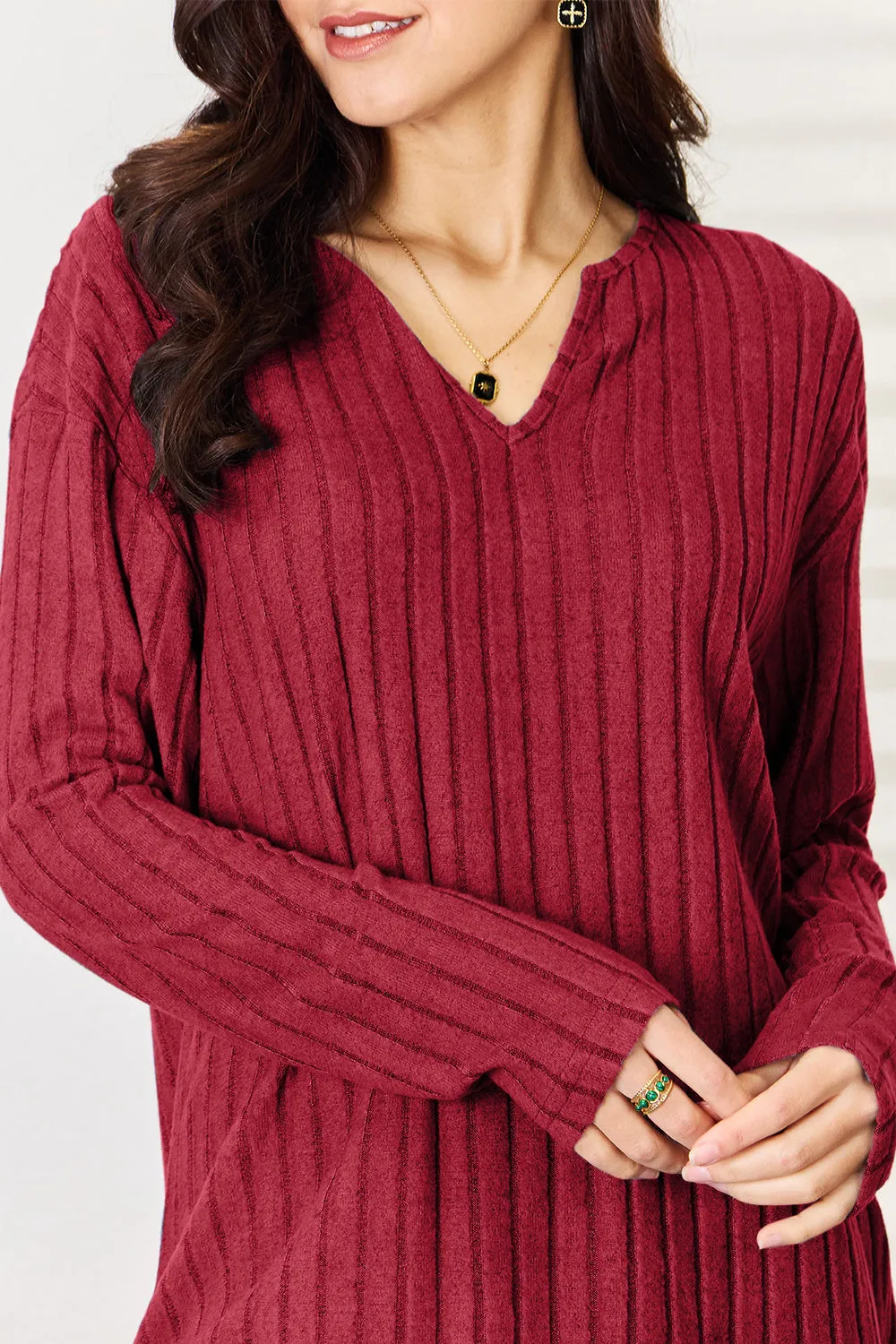 Women's Notched Long Sleeve Top & Pants Set