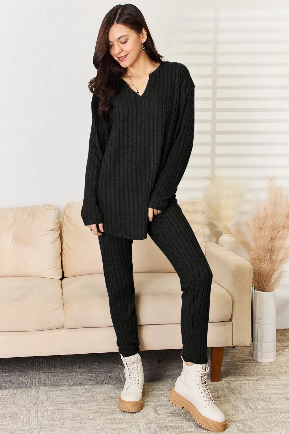 Women's Notched Long Sleeve Top & Pants Set