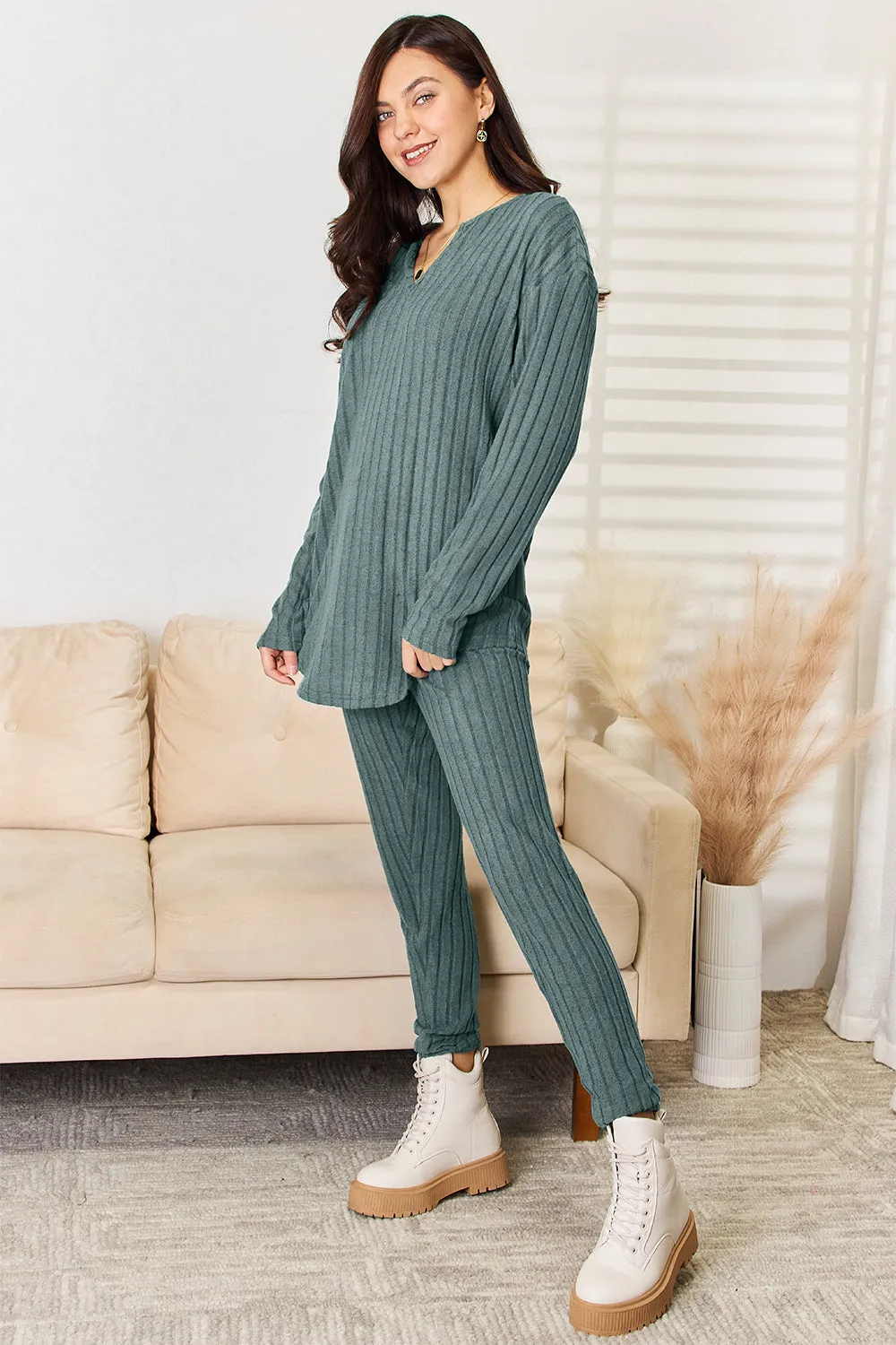 Women's Notched Long Sleeve Top & Pants Set