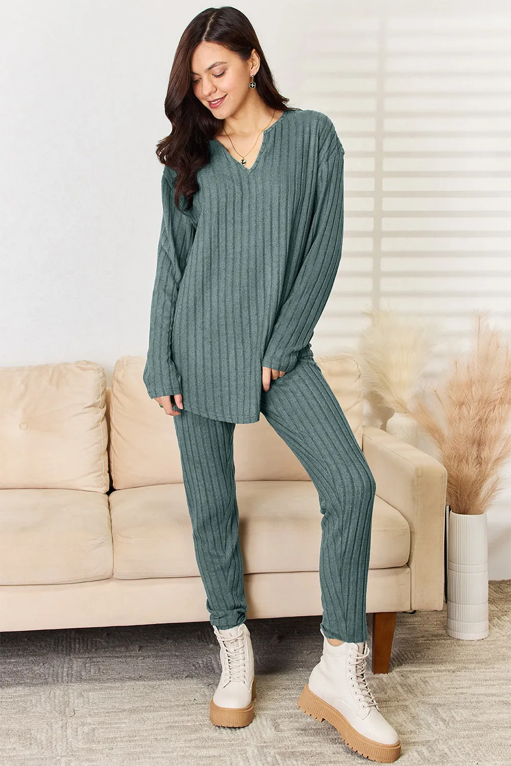 Women's Notched Long Sleeve Top & Pants Set
