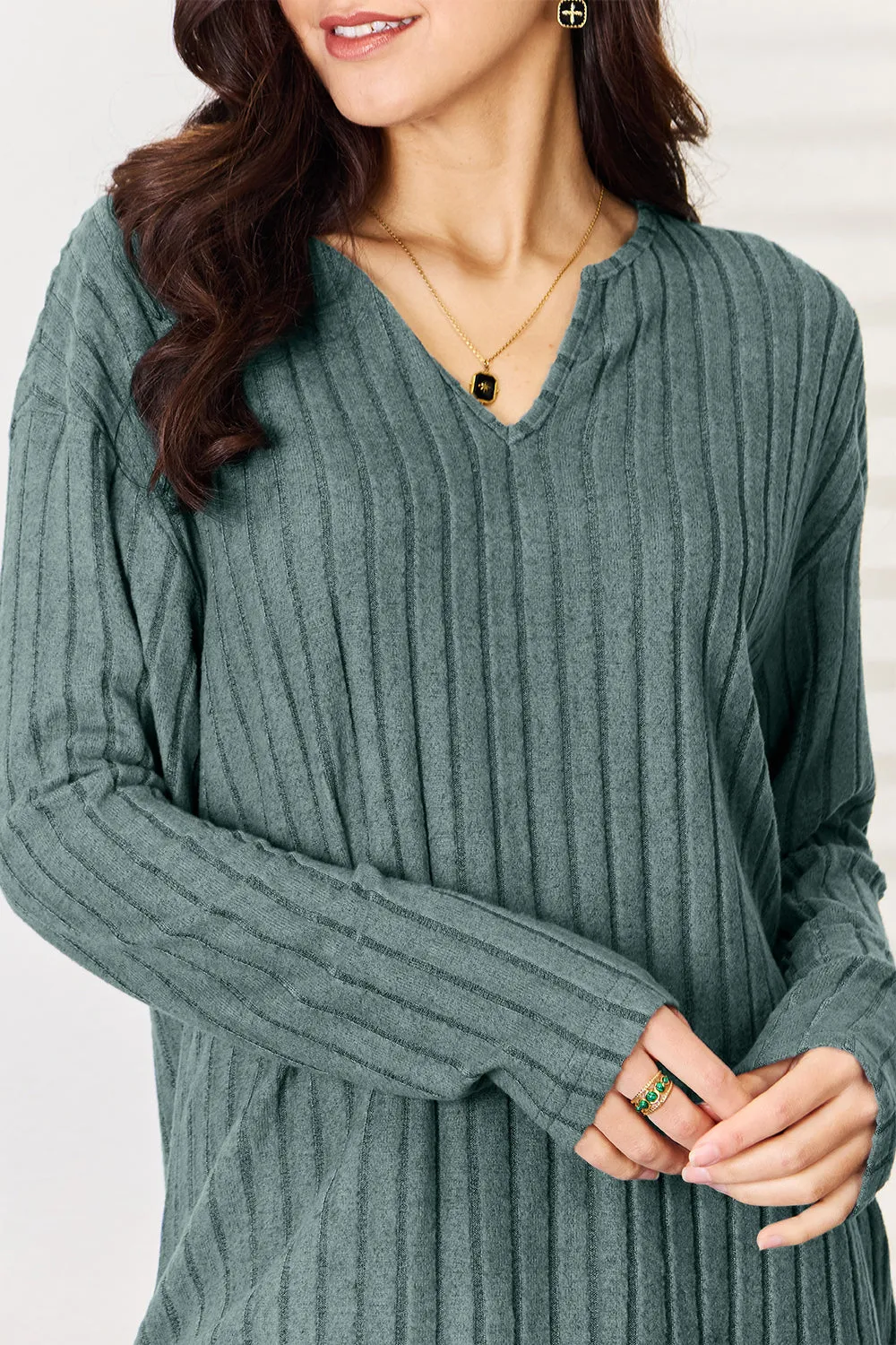 Women's Notched Long Sleeve Top & Pants Set